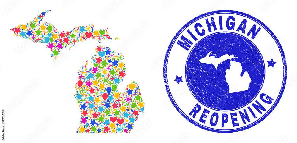 Celebrating Michigan State map collage and reopening rubber stamp. Vector collage Michigan State map is created of random stars, hearts, balloons. Celebrating Michigan State map collage and reopening rubber stamp. Vector collage Michigan State map is created of random stars, hearts, balloons.