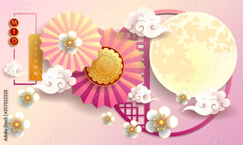 Mid autumn festival / Chinese festival with the moon, moon cake, blow, cloud and flowers on color paper. Vector illustration