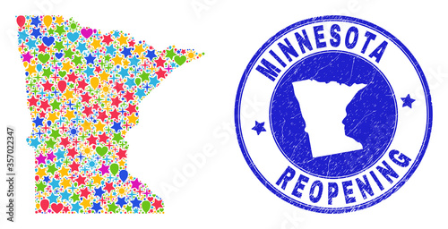 Celebrating Minnesota State map mosaic and reopening rubber watermark. Vector mosaic Minnesota State map is designed with randomized stars, hearts, balloons.