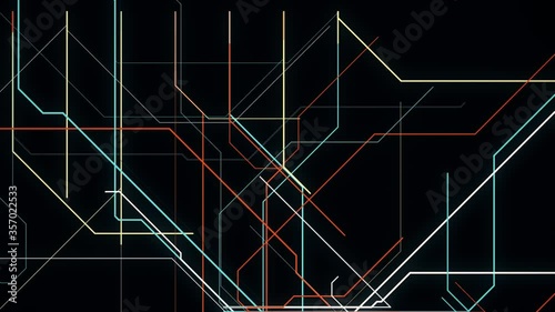 Electronic metro map. Animation. Neon lines move along specified route and create schematic animation on black background