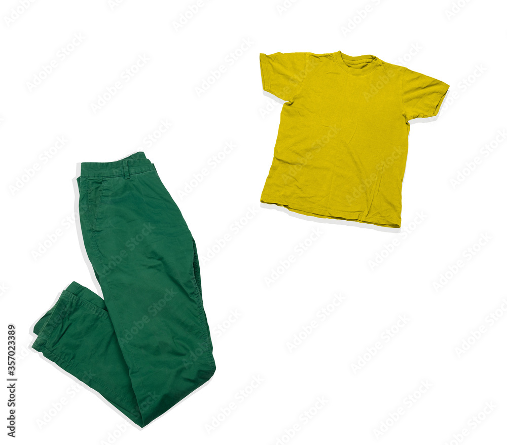 fashion collage green jeans and yellow t shirt isolated on white background, unisex fashion look on white