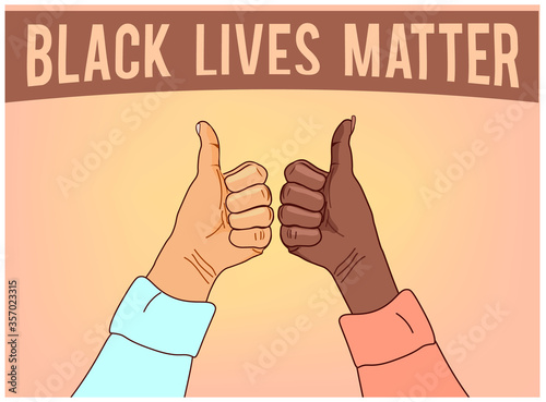 Black lives matter poster, card, banner. Hashtag blm stylised design. Black and white fist together concept. Campaign against racial discrimination of dark skin color. Vector Illustration.
