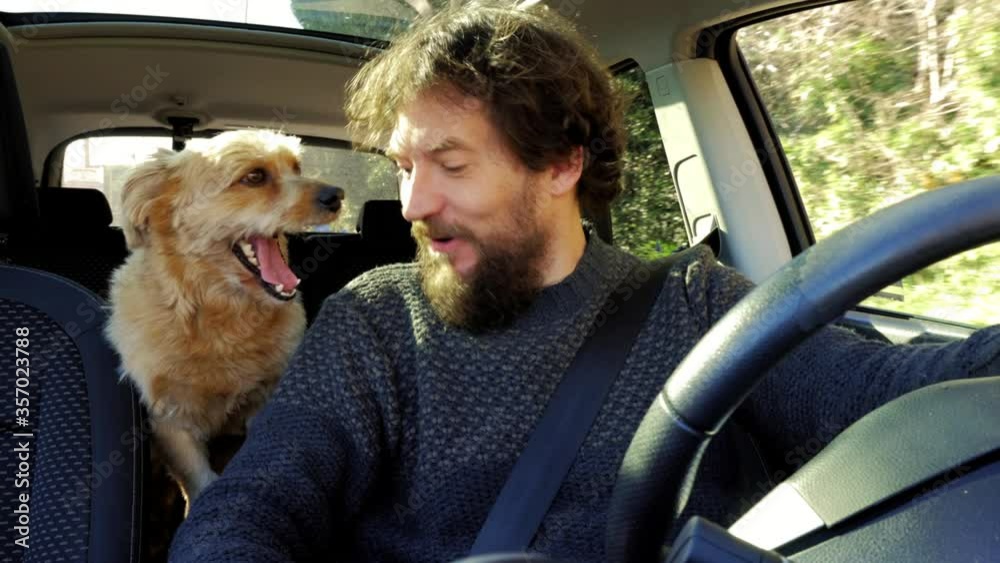 Happy man being kissed by dog while driving car feeling free from corona virus and quarantine isolation