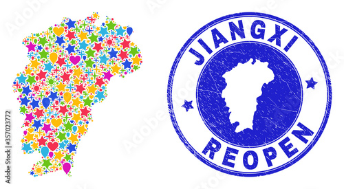 Celebrating Jiangxi Province map collage and reopening rubber seal. Vector collage Jiangxi Province map is composed of randomized stars, hearts, balloons.
