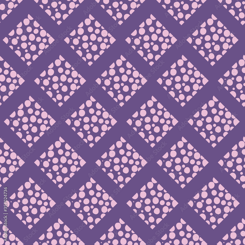 Seamless purple and pink abstract diamond with textured dots pattern with purple background.
