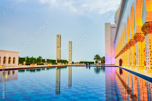 Pool with reflections at Zayed Grand Mosque in Abu Dhabi