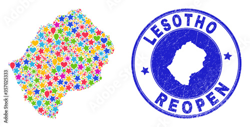 Celebrating Lesotho map mosaic and reopening rubber stamp seal. Vector mosaic Lesotho map is designed with scattered stars, hearts, balloons. Rounded awry blue seal with scratched rubber texture.