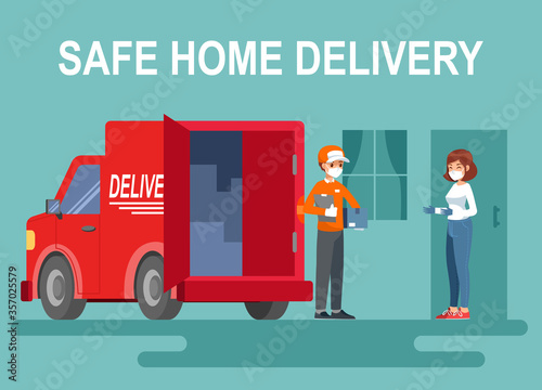 Safe Delivery concept. Delivery Man wearing medical protection mask and gloves giving parcel box to Customer at home. Social Distancing, New Normal, Coronavirus Epidemic.
