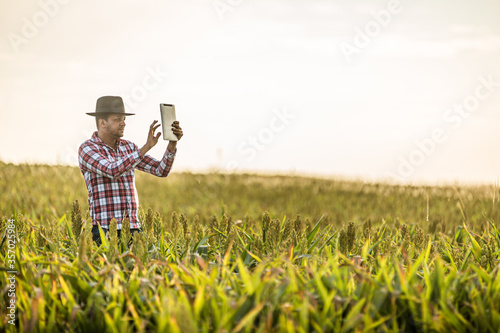 Agronomist holds tablet touch pad computer in the corn field and examining crops before harvesting. Agribusiness concept. Brazilian farm.