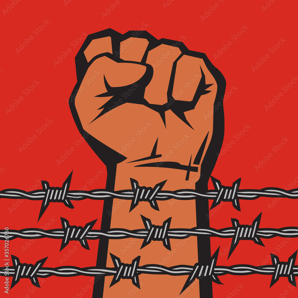 Raised hand with clenched fist behind barbed wire. Vector illustration ...