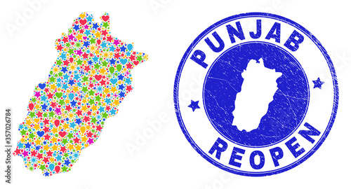 Celebrating Punjab Province map collage and reopening grunge stamp seal. Vector collage Punjab Province map is done from random stars, hearts, balloons.