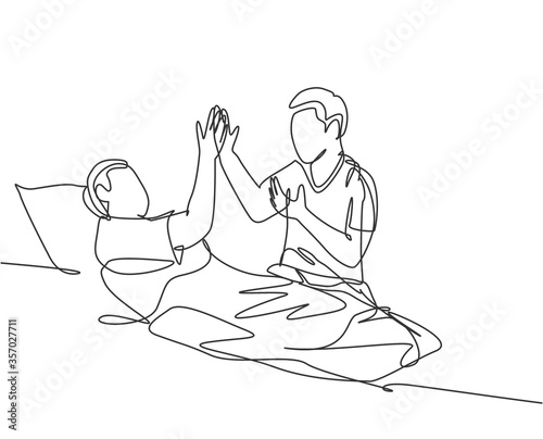 Single line drawing of son take care of his sick father at hospital and should be take a bed rest and give high five gesture. Medical healthcare concept continuous line draw design vector illustration