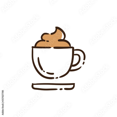Coffee with cream line doodle. Hot drink mug of frappe and milk ice-cream symbol. Outline style hand drawn pictogram.