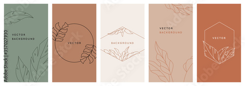 Vector design templates in simple modern style with copy space for text  flowers and leaves - wedding invitation backgrounds and frames  social media stories wallpapers  greeting card designs