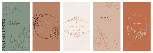 Vector design templates in simple modern style with copy space for text, flowers and leaves - wedding invitation backgrounds and frames, social media stories wallpapers, greeting card designs