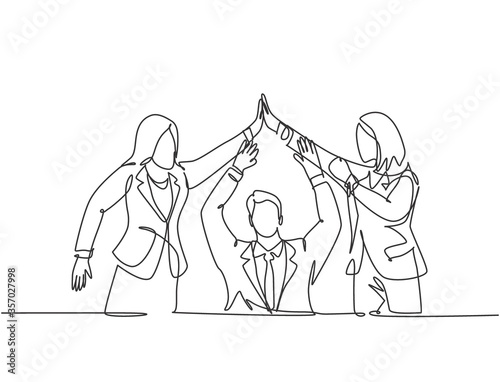 One line drawing group of two young assistant manager celebrating their successive goal with high five gesture. Business deal concept continuous line draw design vector graphic illustration