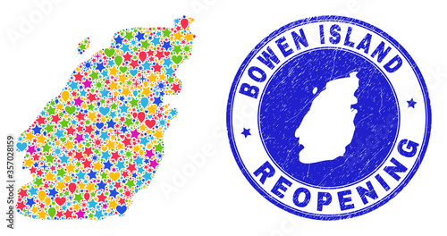Celebrating Bowen Island map mosaic and reopening scratched stamp seal. Vector mosaic Bowen Island map is done with random stars, hearts, balloons.
