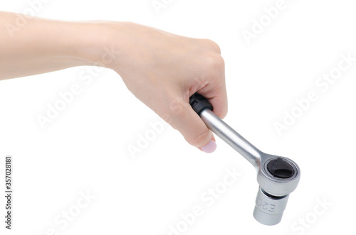 Auto ratchet socket wrench in hand on white background isolation