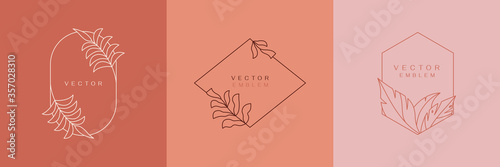 Vector design templates in simple modern style with copy space for text, flowers and leaves - wedding invitation backgrounds and frames, social media stories wallpapers, greeting card designs