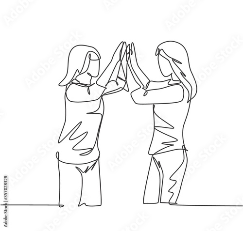 Single line drawing of two best friends girls reunite and giving high five gesture when meeting at the street. Friendship concept continuous line draw design graphic vector illustration