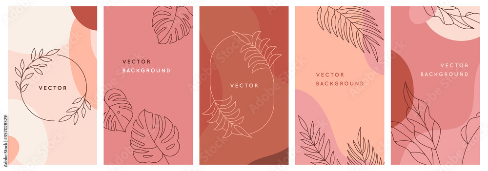 Vector design templates in simple modern style with copy space for text, flowers and leaves - wedding invitation backgrounds and frames, social media stories wallpapers, greeting card designs