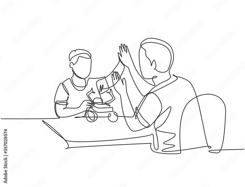 Single line drawing of of father accompany his kid playing a robot action figure model kit and gives high five gesture. Parenting concept continuous line draw design graphic vector illustration