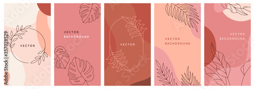 Vector design templates in simple modern style with copy space for text, flowers and leaves - wedding invitation backgrounds and frames, social media stories wallpapers, greeting card designs