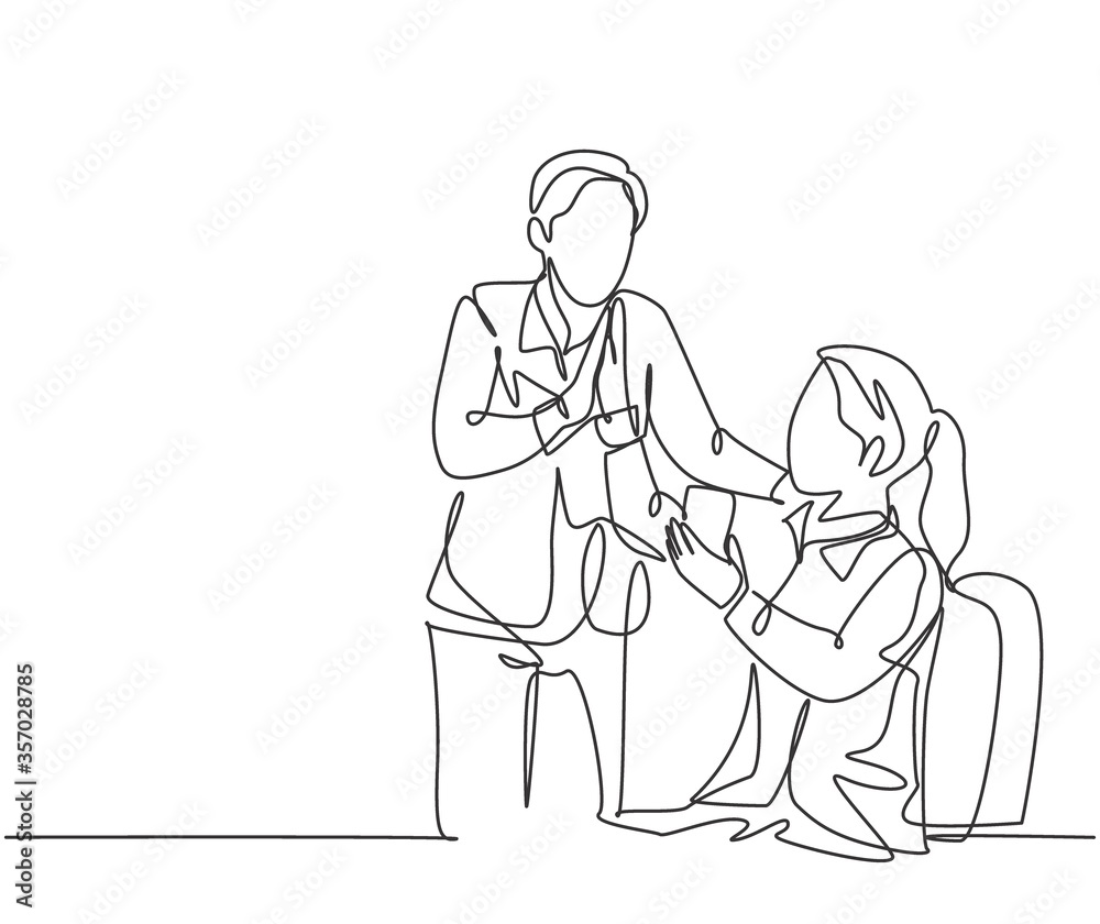 Single line drawing of young happy couple celebrate their success while the woman talking on the phone and give high five gesture. Business deal concept continuous line draw design vector illustration