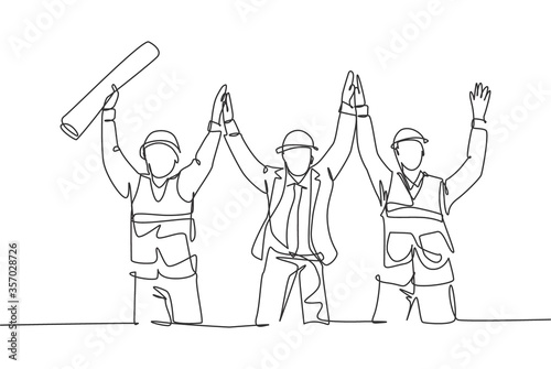 Single line drawing of construction worker and foreman celebrate their successive build the building together. Building construction concept continuous line draw design vector graphic illustration