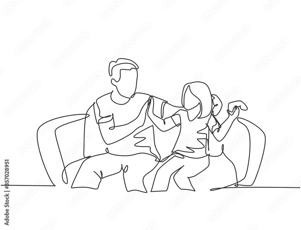 Single line drawing of father and daughter sitting on couch playing console video game together and giving high five gesture. Parenting concept continuous line draw design graphic vector illustration