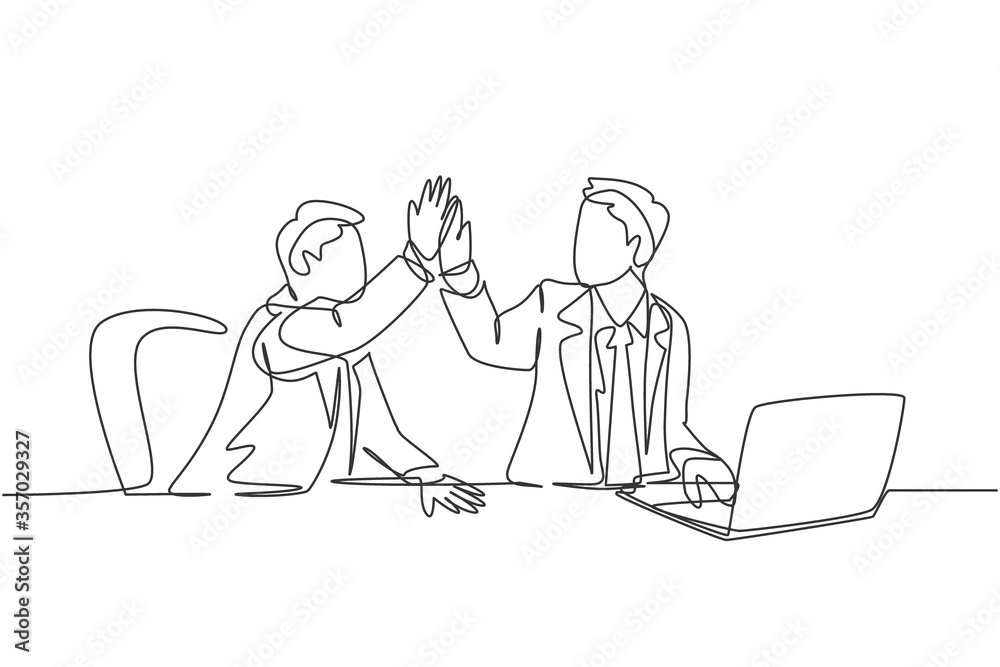 One line drawing of businessmen celebrating their successive target at the business meeting with high five gesture. Business deal concept continuous line draw design graphic vector illustration