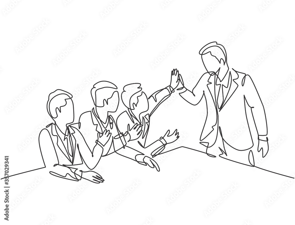 One line drawing group of businessmen celebrating their successive goal at the business meeting with high five gesture. Business deal concept continuous line graphic draw design vector illustration One line drawing group of businessmen celebrating their successive goal at the business meeting with high five gesture. Business deal concept continuous line graphic draw design vector illustration