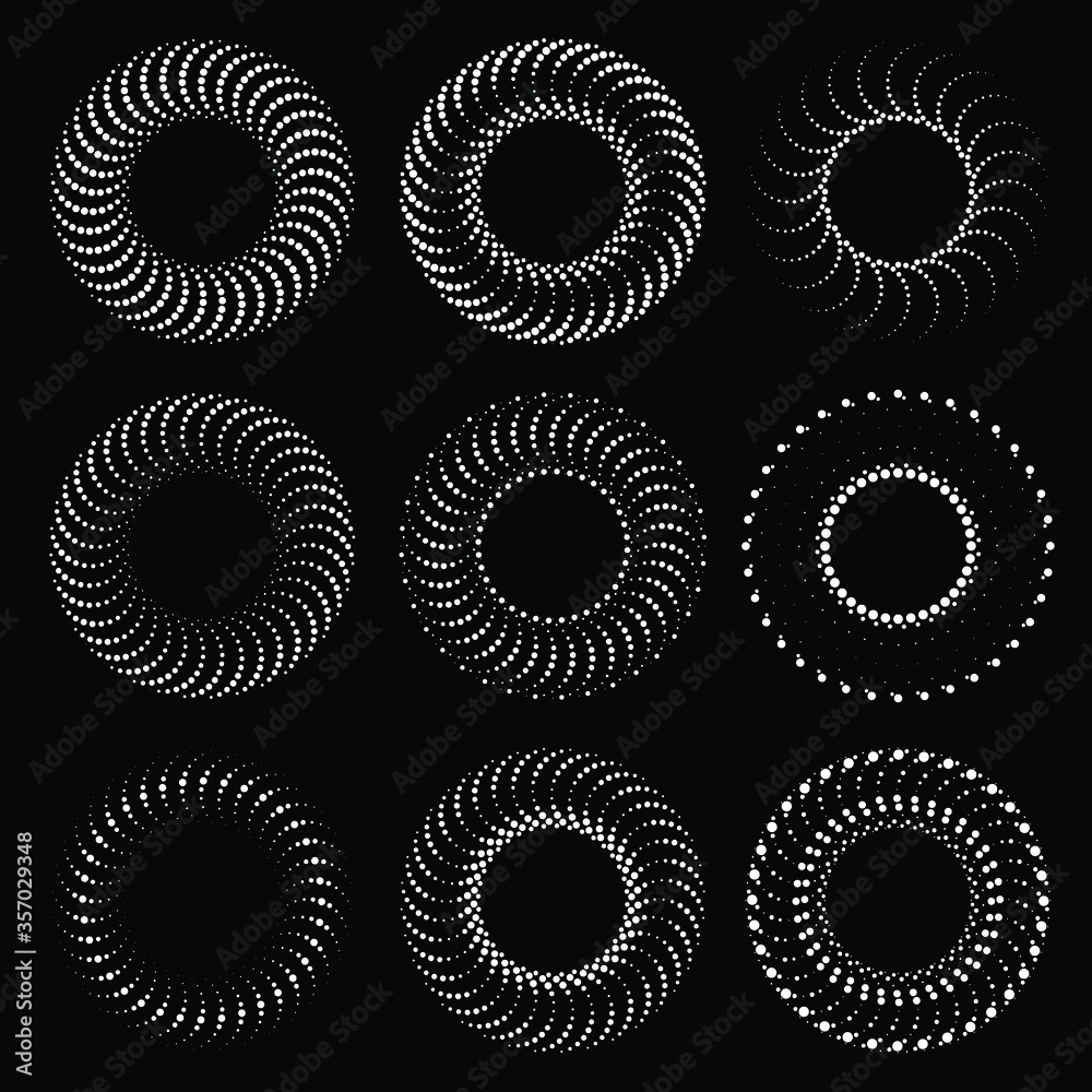 Set of white dotted lines in circle form. Halftone dots. Geometric art. Trendy design element for frame, logo, tattoo, sign, symbol, web, prints, posters, template, pattern and abstract background Set of white dotted lines in circle form. Halftone dots. Geometric art. Trendy design element for frame, logo, tattoo, sign, symbol, web, prints, posters, template, pattern and abstract background