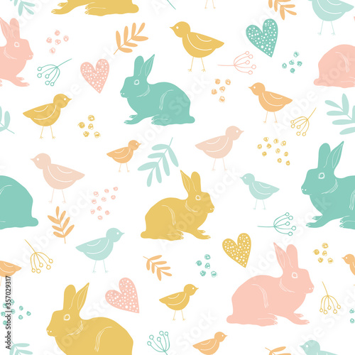 Seamless repeat pattern with chicken and bunnies. Perfect for easter decorations, textile and wrapping designs.