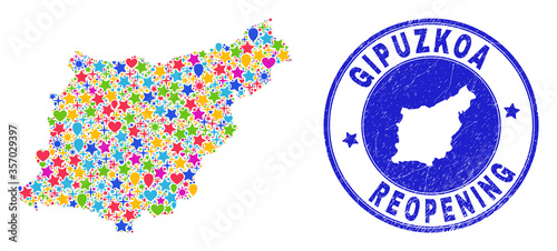 Celebrating Gipuzkoa Province map collage and reopening rubber stamp. Vector collage Gipuzkoa Province map is organized with scattered stars, hearts, balloons.