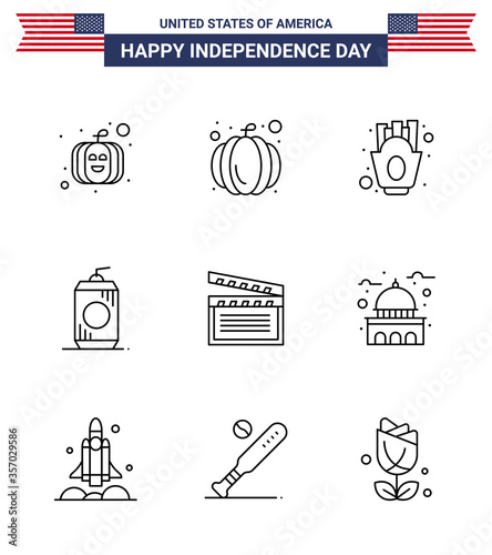 Happy Independence Day 9 Lines Icon Pack for Web and Print landmark; building; cola; usa; movis photo
