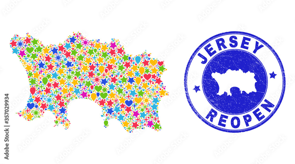 Celebrating Jersey Island map mosaic and reopening rubber stamp seal. Vector mosaic Jersey Island map is done with randomized stars, hearts, balloons. Celebrating Jersey Island map mosaic and reopening rubber stamp seal. Vector mosaic Jersey Island map is done with randomized stars, hearts, balloons.