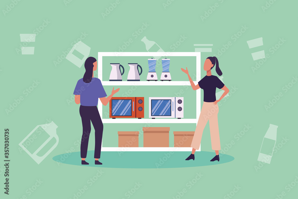 young women shopping appliances activity characters young women shopping appliances activity characters