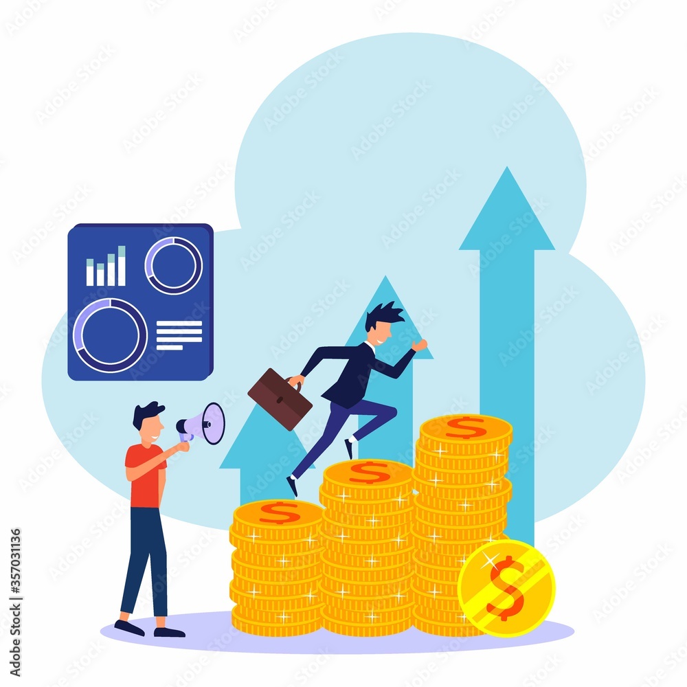 Φωτογραφία Vector illustration, investment management, business people building businesses from scratch and investing cash profits, career growth towards success, flat color icons, business analysis