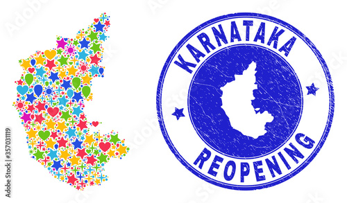 Celebrating Karnataka State map mosaic and reopening dirty stamp seal. Vector mosaic Karnataka State map is designed with scattered stars, hearts, balloons.