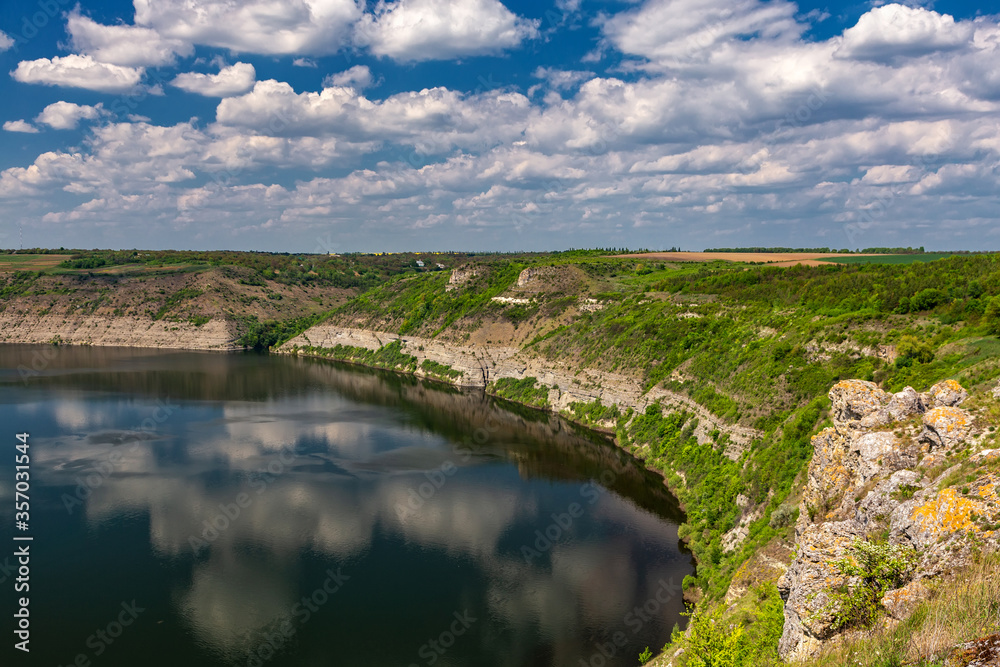 Beautiful view over the river on a sunny day. Outdoor recreation. Dniester Grand Canyon.