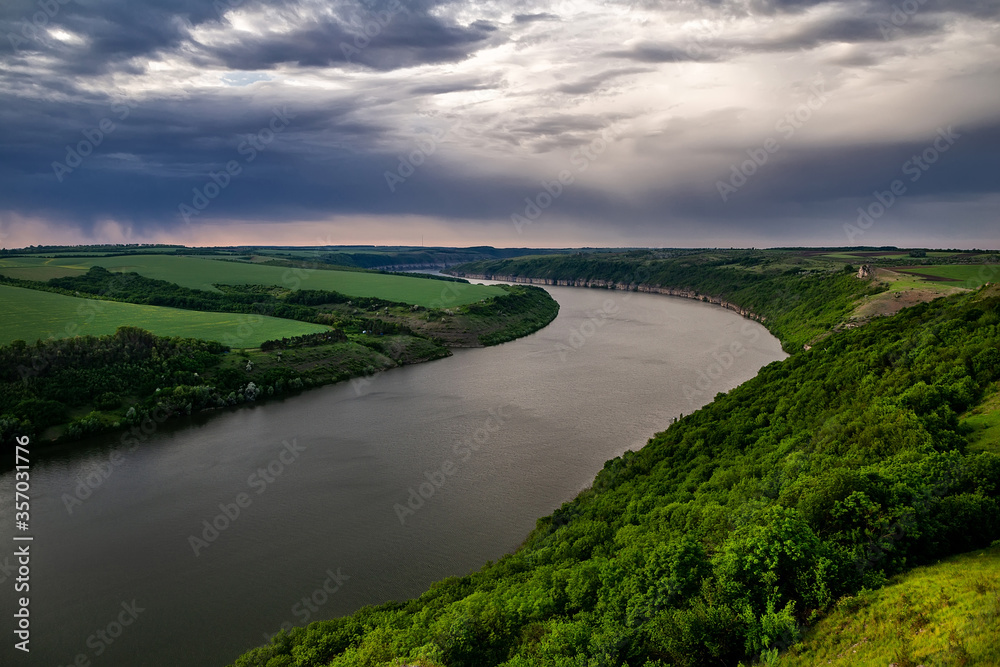 Dnister River Canyon. warm summer evening over the river.