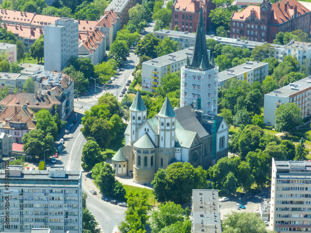 Wroclaw, Poland, May 28, 2017, aerial photo of Wroclaw's st Karol Boromeusz Church. - obrazy, fototapety, plakaty 