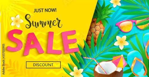 Bright sale banner for summer 2020 on geometric background.Just now big discounts.Invitation to shopping.Card with pineapple,cocktail,tropical leaves,sunglasses.Template for design.Vector Illustration