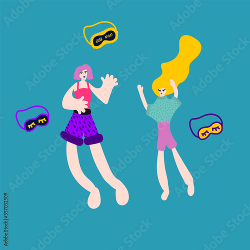 An illustration drawn by hand of a woman in pajamas. Girls at a pajama party in a circle of abstract symbols. Flyer, poster, pajamas, sleep band