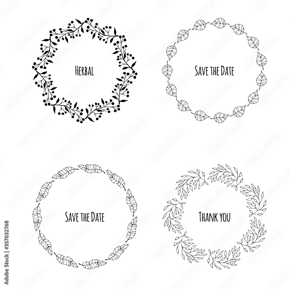 Vector set of floral wreaths. Hand drawn doodles. Flowers and laurels. Hand drawn vintage plant wreath set with place for your text