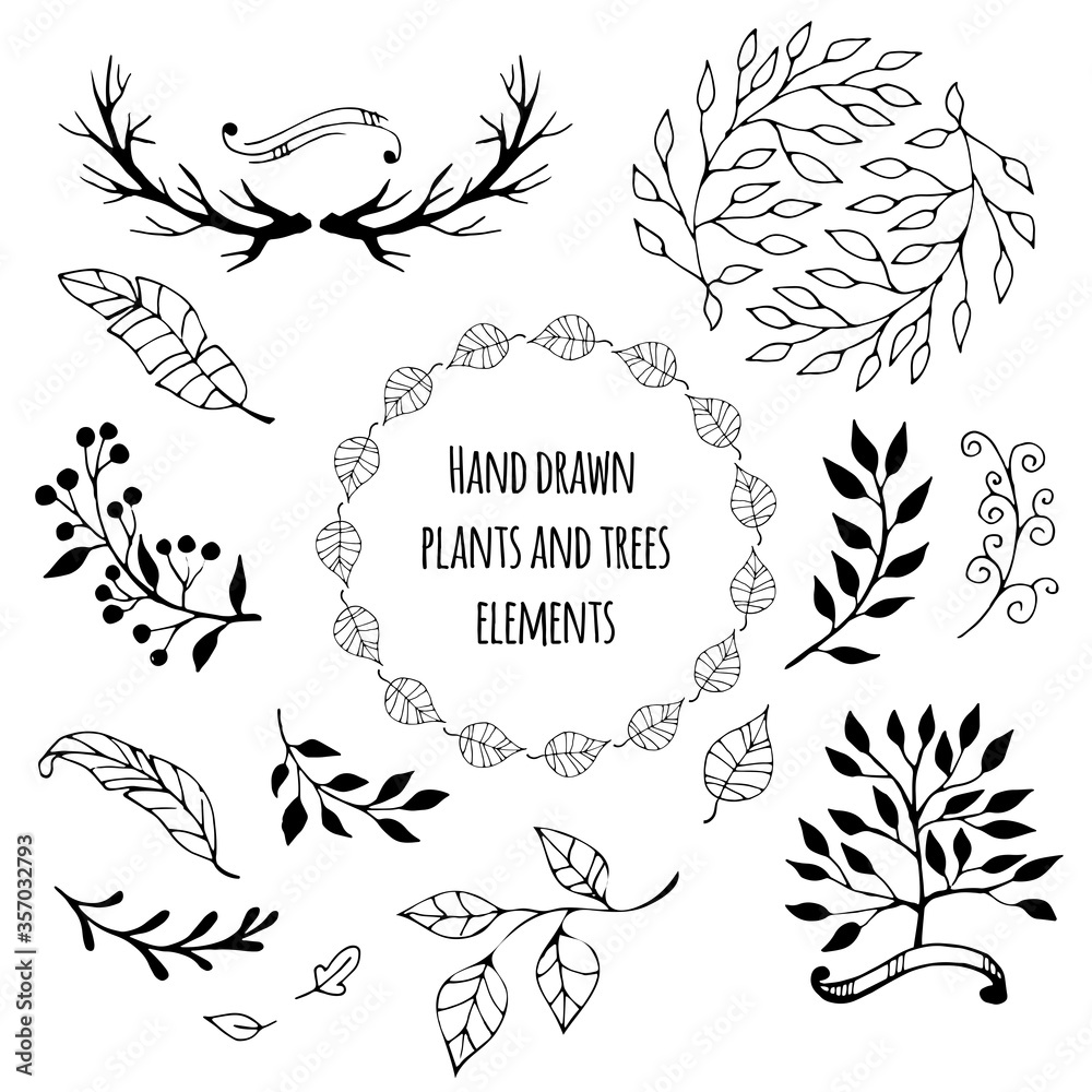 Set of floral elements: leaves,plants , branches and wreathes Set of floral elements: leaves,plants , branches and wreathes