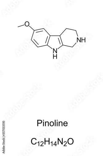 Pinoline, skeletal formula and molecular structure. A methoxylated tryptoline, claimed to be produced in the pineal gland during the metabolism of melatonin. Structural formula. Illustration. Vector.