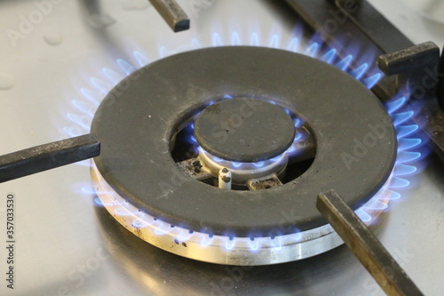 close up of a burning gas stove