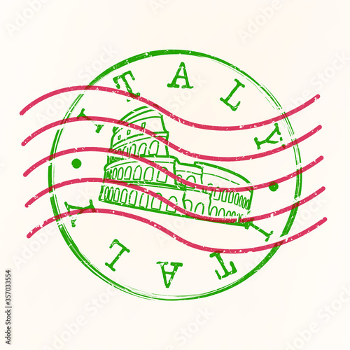 Itlay Stamp Postal. Colosseum Silhouette Seal. Passport Round Design. Vector Icon. Design Retro Travel.